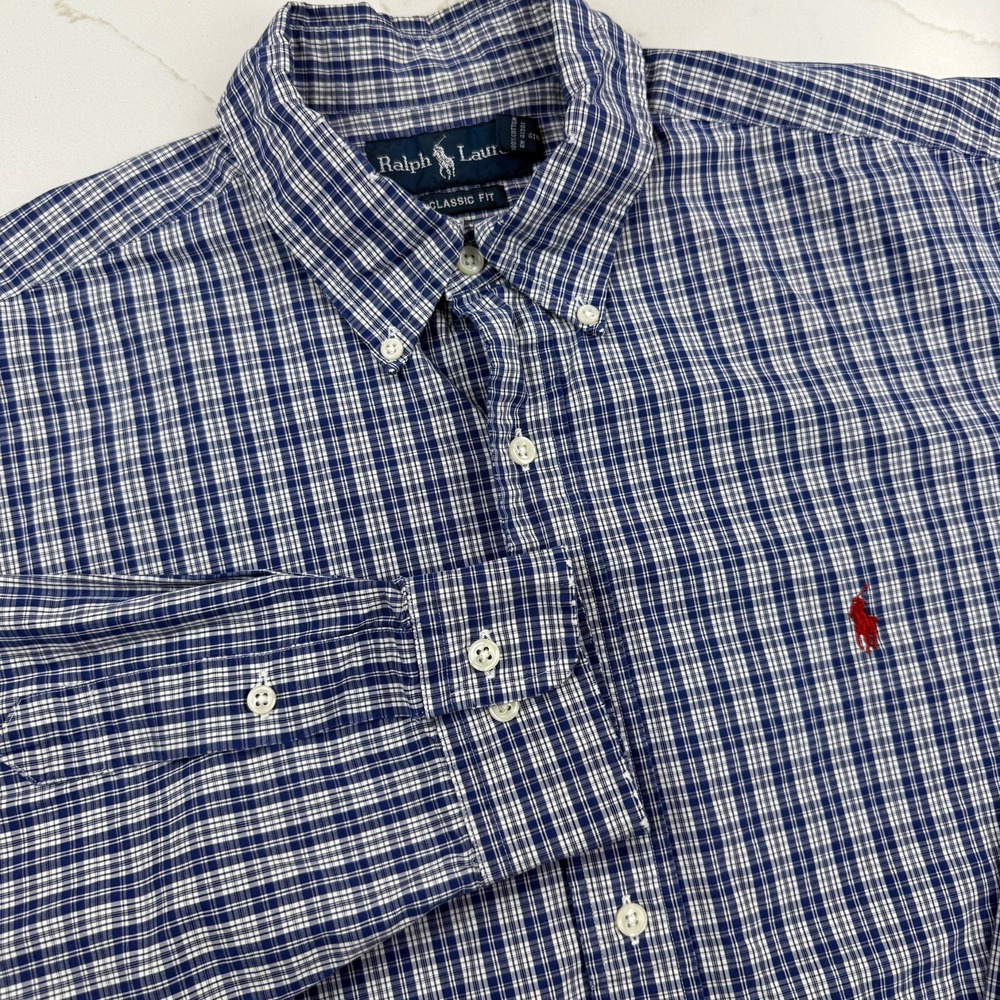 Ralph Lauren Classic Fit Mens Blue‎ Large Plaid Button Down Shirt Red Pony Logo